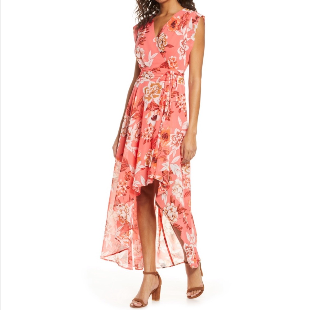 Eliza J Surplice High Low Chiffon Maxi